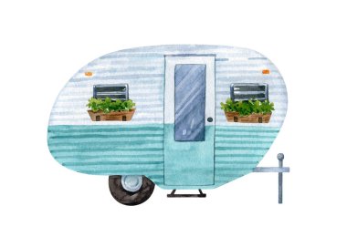Beyaz arka planda yeşil saksıları olan Retro karavan. Klasik karavan. Tekerlekli klasik ev. Suluboya illüstrasyon, el şafağı kliması.
