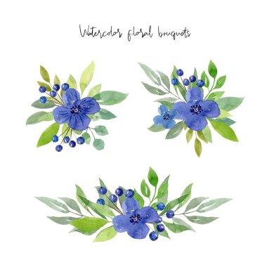 Mavi çiçekli suluboya seti ve beyaz arka planda izole edilmiş yeşil buketler. El çizimi illüstrasyon.