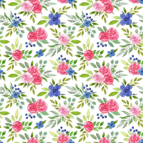 Floral Aquarell Nahtlose Muster Mit Rosa Rosen Blauen Blumen Beeren — Stockfoto