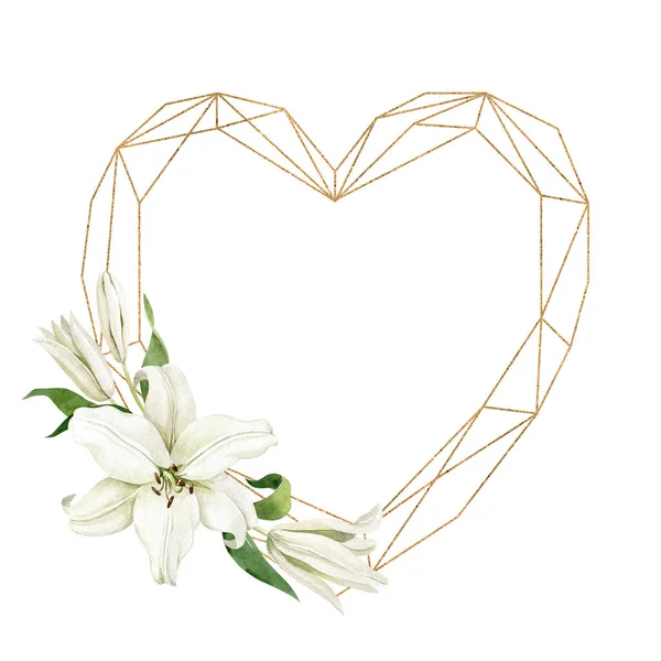 Akvarell Vita Liljor Med Hjärtformade Gyllene Geometrisk Ram Isolerad Vit — Stockfoto