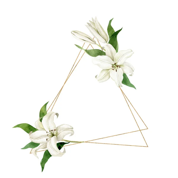Watercolor White Lilies Triangular Golden Geometric Frame Isolated White Background — Stock Photo, Image