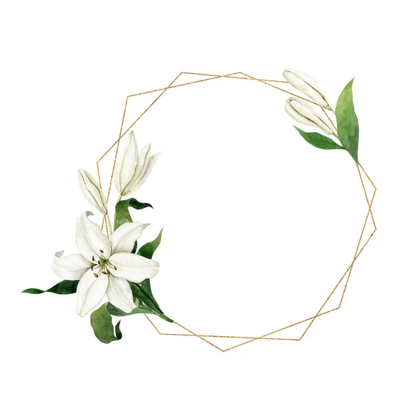 Akwarela Białe Lilie Cienką Okrągłą Złotą Ramą Geometryczną Izolowane Białym — Zdjęcie stockowe