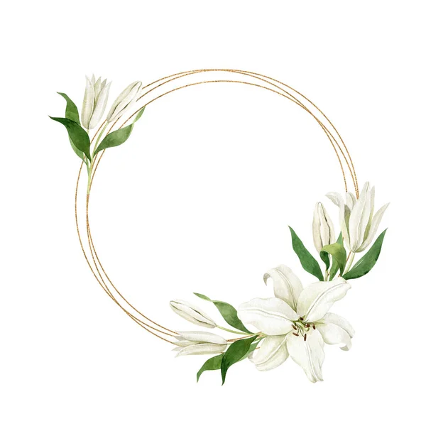 Aquarell Weiße Lilien Mit Dünnem Runden Goldenen Geometrischen Rahmen Isoliert — Stockfoto
