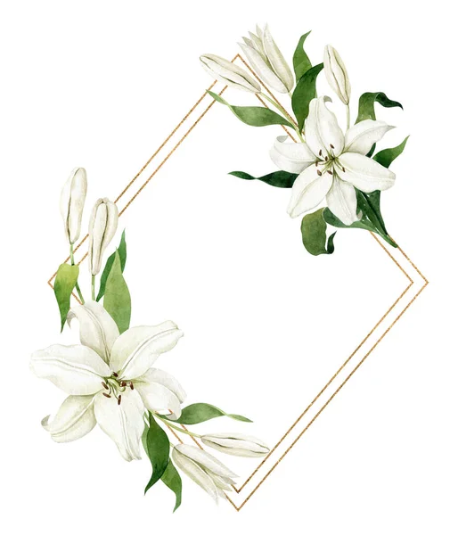 Aquarell Weiße Lilien Mit Quadratischen Goldenen Geometrischen Rahmen Isoliert Auf — Stockfoto