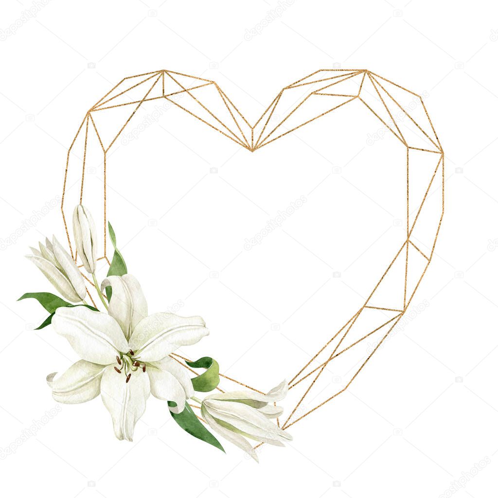 Watercolor white lilies with heart shaped golden geometric frame isolated on white background. Hand drawn clipart for wedding invitations, greeting cards, birthday invitations.