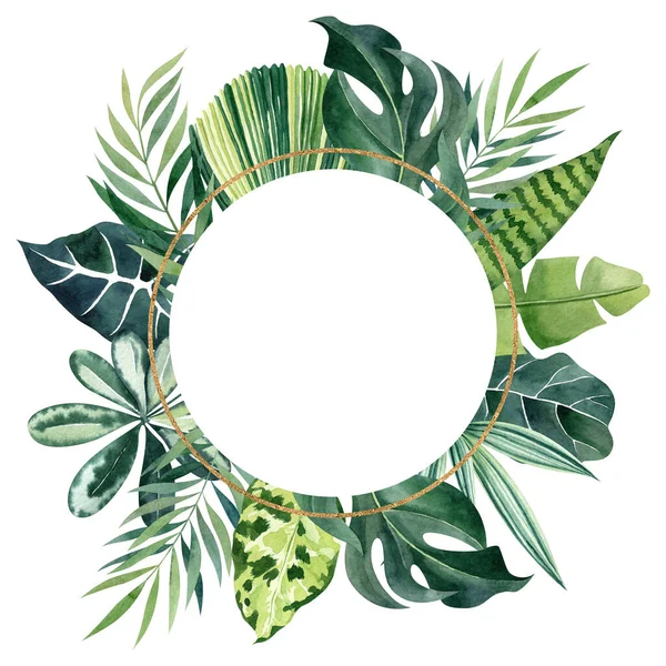 Tropische Blätter Aquarell Goldenen Geometrischen Rahmen Mit Kopierraum Runder Rand — Stockfoto
