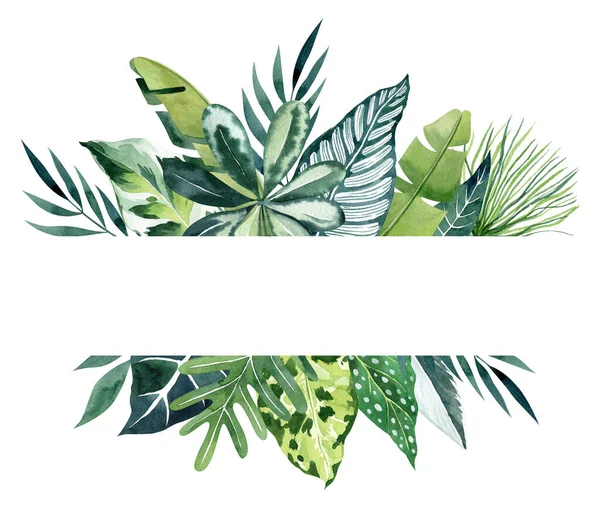 Tropische Blätter Aquarell Rechteckigen Äußeren Rahmen Mit Kopierraum Horizontale Grenze — Stockfoto