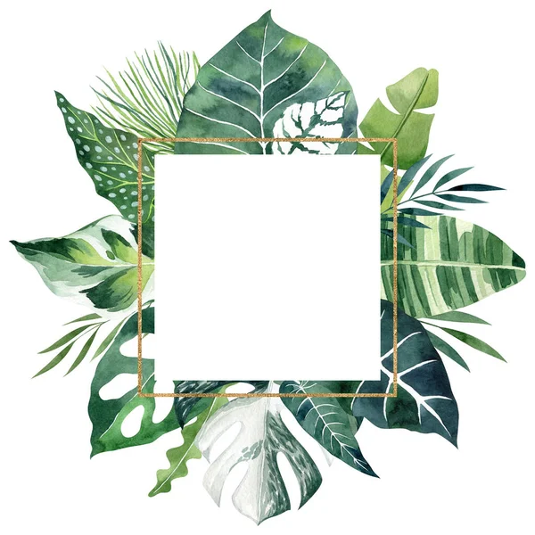 Tropische Bladeren Aquarel Gouden Geometrische Frame Met Kopieerruimte Vierkante Grens — Stockfoto