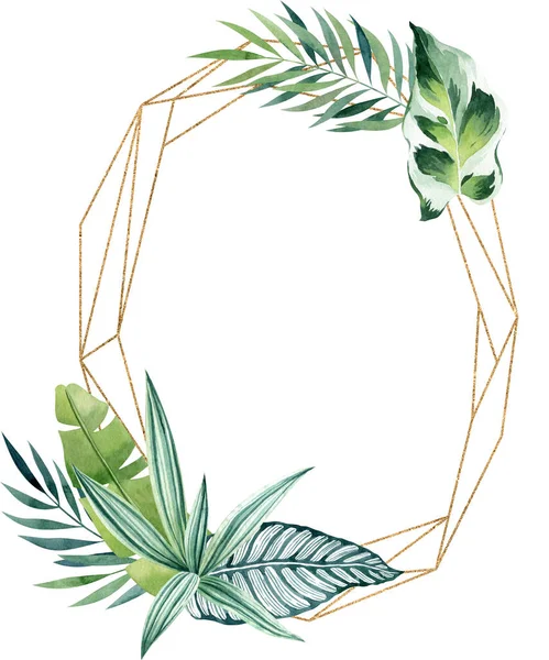 Tropische Bladeren Aquarel Gouden Geometrische Frame Met Kopieerruimte Verticale Ovale — Stockfoto