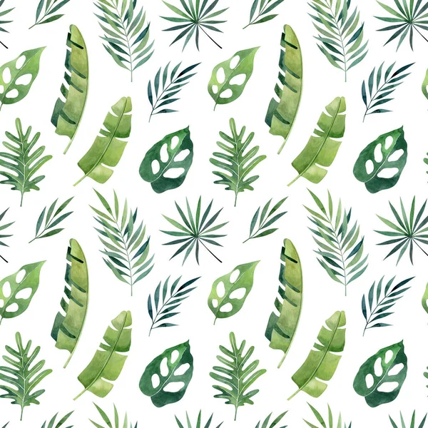 Tropikal Yapraklar Muz Yaprağı Canavar Palmiyelerle Sulu Boya Desenli Kumaşlar — Stok fotoğraf