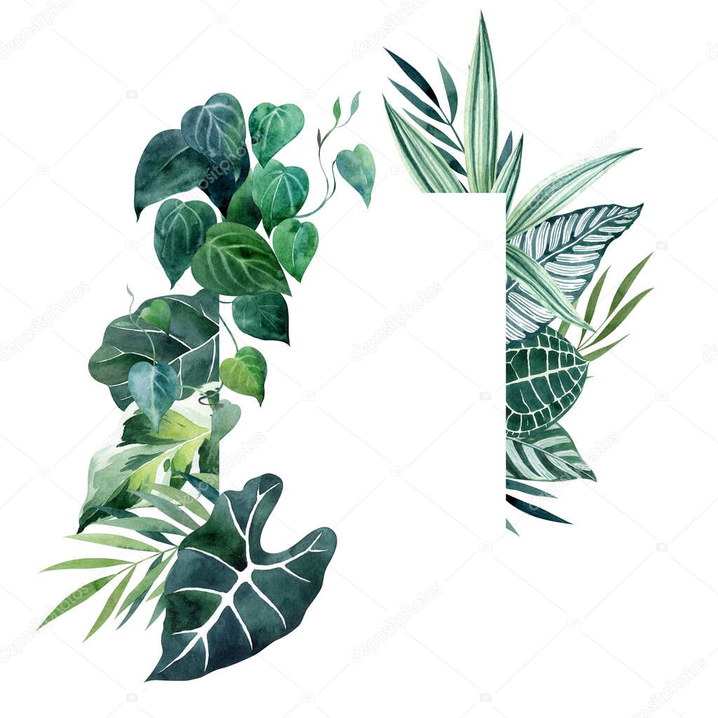 Tropical leaves watercolor rectangular frame with copy space. Trendy square border for wedding invitations, save the date cards, birthday cards. Hand drawn illustration with jungle foliage.
