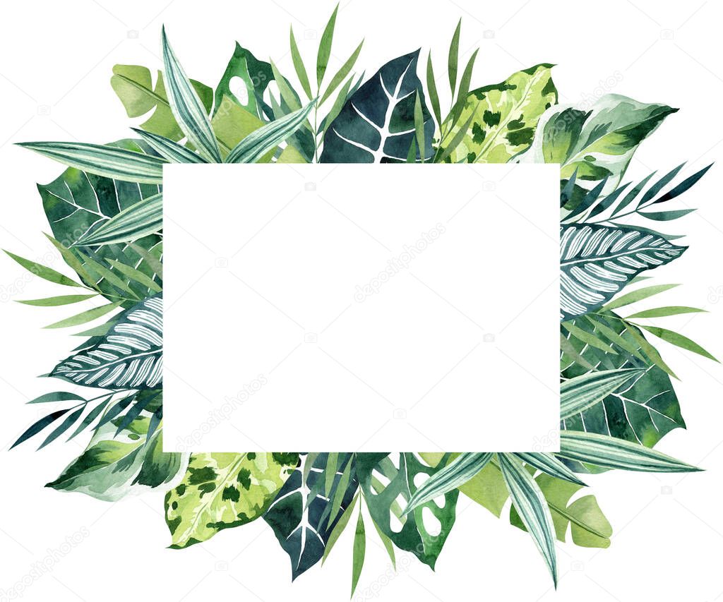 Tropical leaves watercolor rectangular outer frame with copy space. International paper size border for wedding invitations, save the date cards, birthday cards. Hand drawn illustration.