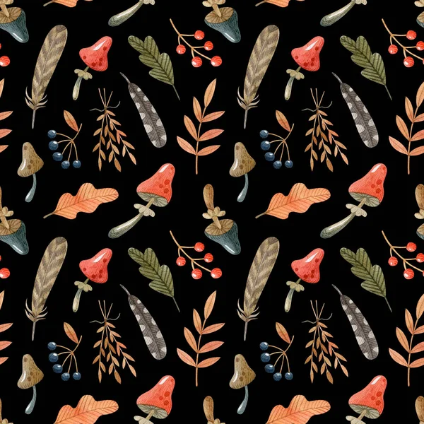 キノコ ベリー 黒い背景に隔離されたと秋の水彩シームレスパターン ハロウィンのコンセプト 包装紙 生地のための手描きイラスト — ストック写真