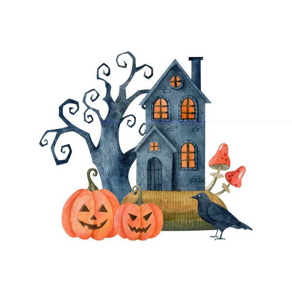 Halloween Watercolor Illustration Pumpkins Old House Tree Crow Isolated White — Stock Photo, Image