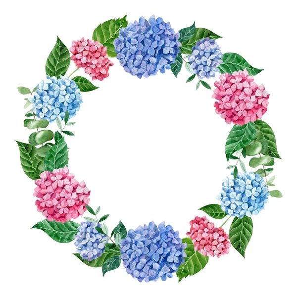 Hydrangea Floral Wreath Isolated White Background Watercolor Hand Drawn Illustration — Stock Photo, Image