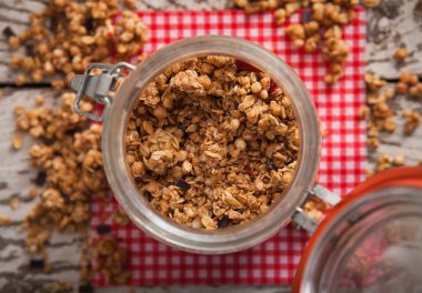 Granola in open glass jar