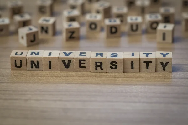 Universidade escrita em cubos de madeira — Fotografia de Stock