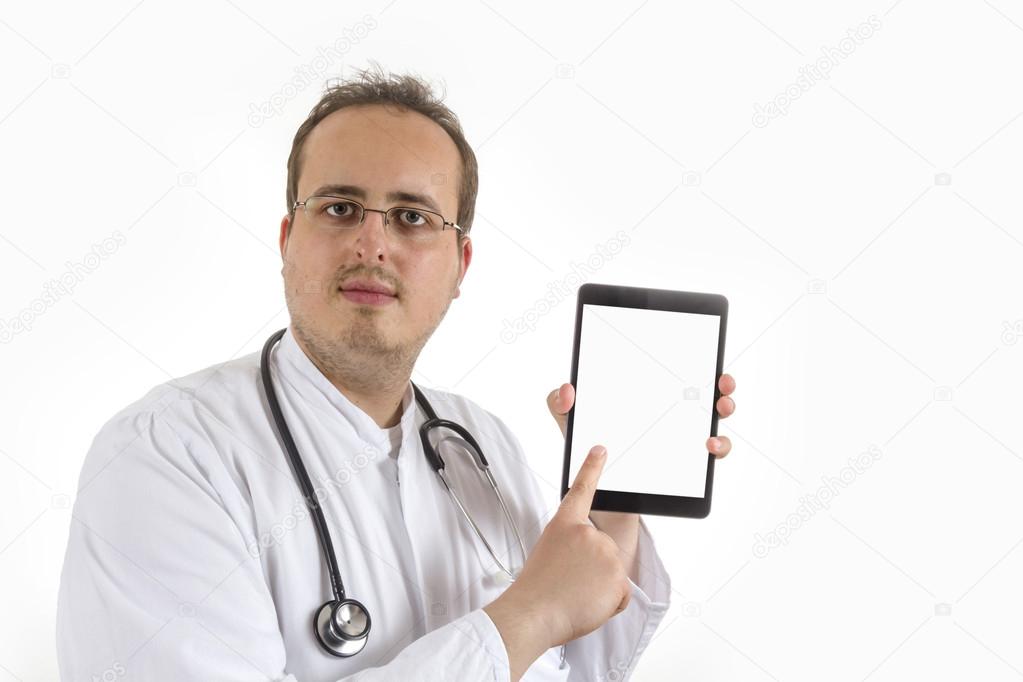 Young Doctor presenting tablet