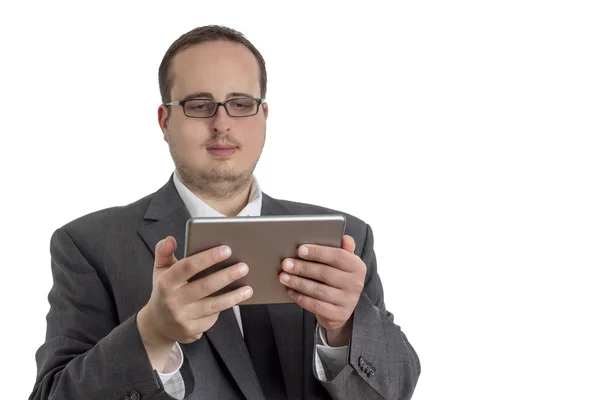 Joven Empresario de traje con tablet —  Fotos de Stock