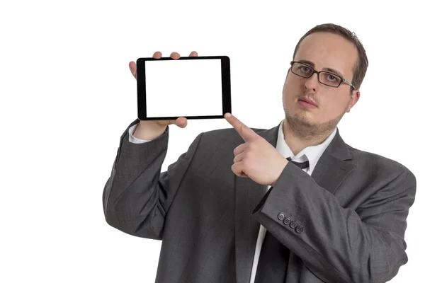 Mladý podnikatel v obleku s tabletovým počítačem — Stock fotografie