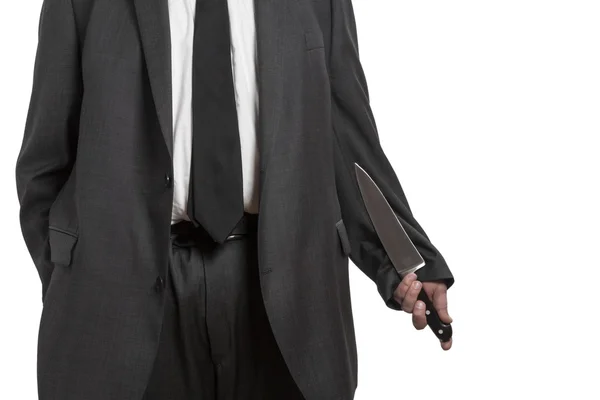 Człowiek w garniturze z dużym nożem — Zdjęcie stockowe