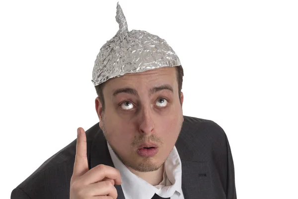 Conspiracy Freak with aluminum foil head — Stock Photo, Image