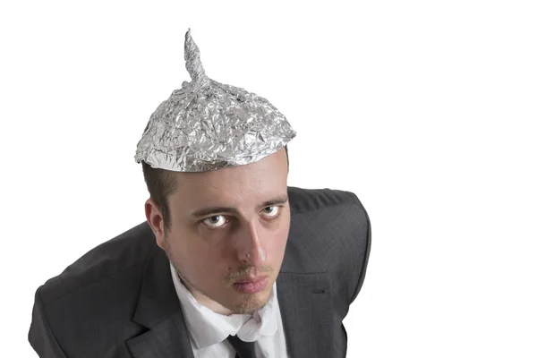 Conspiracy Freak with aluminum foil head — Stock Photo, Image