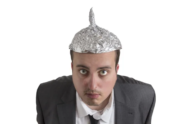 Freak samenzwering met aluminiumfolie hoofd — Stockfoto