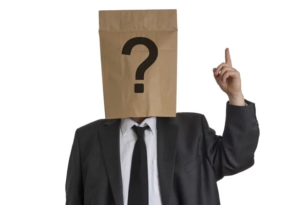 Man with Paper Bag with question mark on his head pointing upwar — Stock Photo, Image