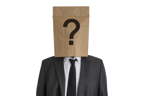 Man with Paper Bag with question mark on his head — Stock Photo, Image