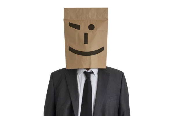 Man with Paper Bag with smiley on his head — Stock Photo, Image