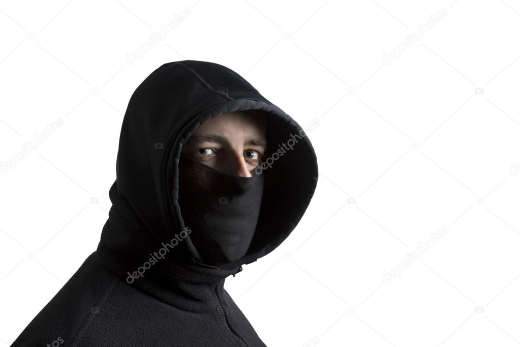 Black dressed hooded man