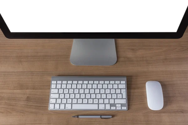 Tela de computador moderno com teclado e mouse — Fotografia de Stock