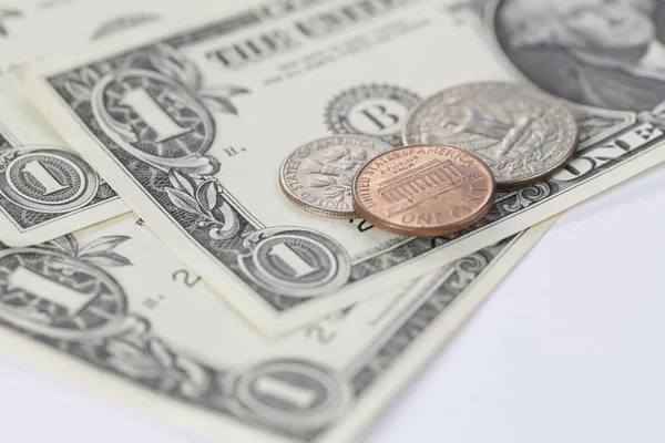 Closeup of Dollar Notes and Coins — 图库照片