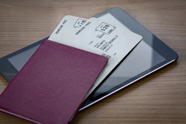 Neutral Passport with Tickets on Tablet — Stock Photo, Image