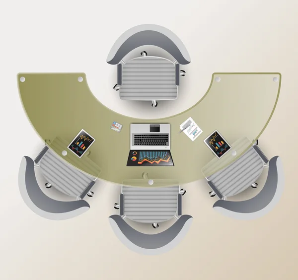会議室の平面図です。半円形のガラス テーブル、椅子 4 脚。Office ツールでノート パソコンやタブレット コンピューター. — ストックベクタ