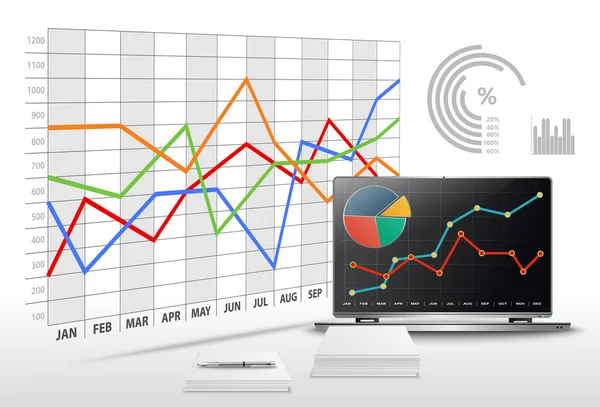 Vector modern office with business data and financial accounting — Stock Vector