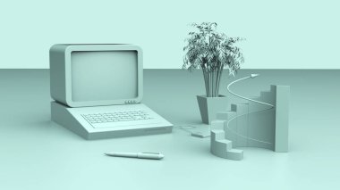 Moda tasarımı arka planı olarak finans ve ekonomi için pastel mavi ve yeşil renkli iş çizelgesine sahip Retro bilgisayar