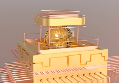 Kripto sanatı altın Bitcoin fütüristik blok zinciri kriptografisi soyut 3 boyutlu arkaplan