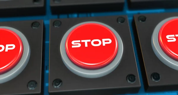 背景色として停止テキストで押された赤いボタン — ストック写真