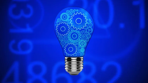 サイバーパンクのブルースタイルで輝くギアと電球 技術的なアイデア 技術革新 研究開発 アイデア抽象的背景 — ストック写真