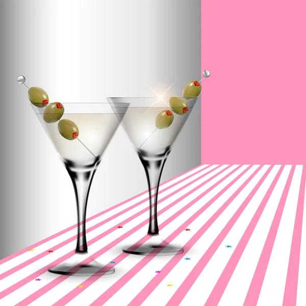 Martini cocktail i ett glas med oliv — Stock vektor
