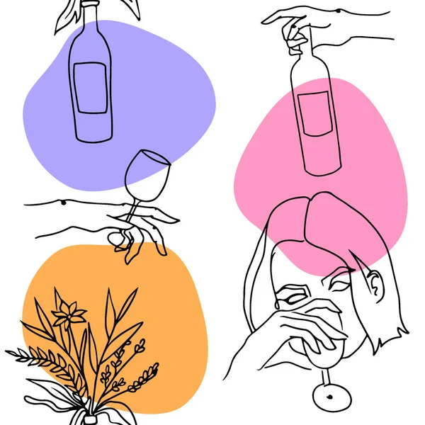 Kadın portresi, şarap şişesi, şarap kadehi ve çiçek aranjmanlı vektör çizgisi kusursuz desen. Tekstil için modern kalıp