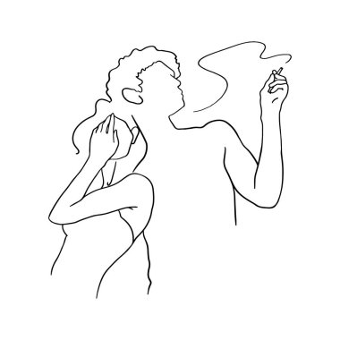Continuous one drawn single line of two lovers smoking cigarettes, newlyweds, young people.Loving couple embracing and smoking, valentines day,women and men in love. Romantic moment