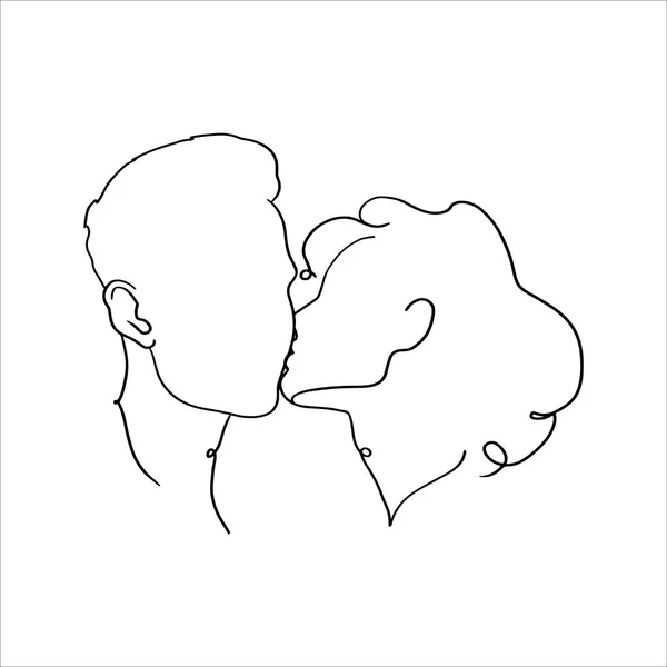 Continuous one drawn single line of romantic kiss of two lovers, newlyweds, young people.Loving couple embracing and kissing, valentines day,women and men in love.Heads of kissing — Stock Vector