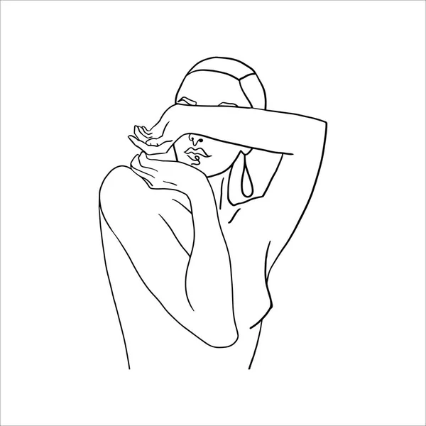 Безперервний малюнок однієї лінії жінки покриває її обличчя рукою. Векторна лінія мистецтва жіноча ілюстрація — стоковий вектор