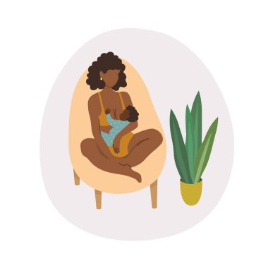 Güzel siyah anne emzirme illüstrasyonunun vektör çizimi, anne memeyle bir bebeği besliyor. Emzirme kavramı