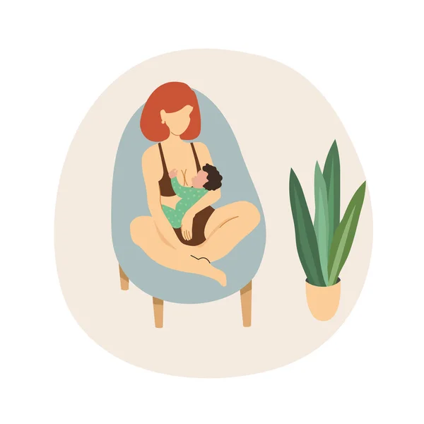 Güzel beyaz anne emzirme illüstrasyonunun vektör çizimi, anne memeyle bir bebeği besliyor. Emzirme kavramı
