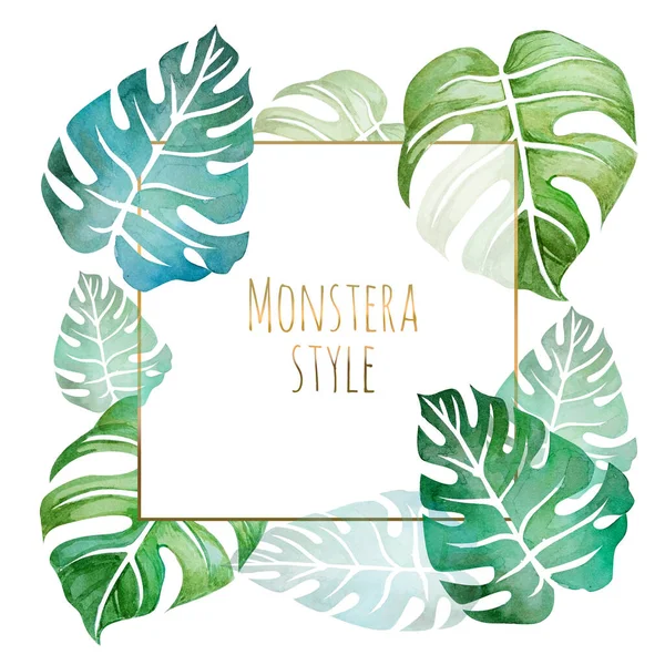 Beyaz arka planda farklı canavar yaprakları olan suluboya altın çerçeve