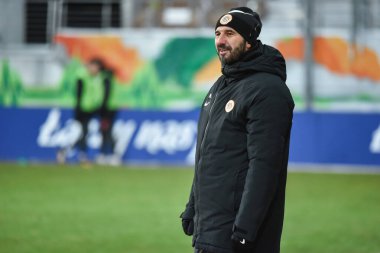 LUBIN, POLAND - 11 Şubat 2021: KGHM Zaglebie Lubin - Chojniczanka Chojnice 0: 0 (4: 5) arasında oynanan Fortuna Polonya Kupası. MArtin Sevela Zaglebie 'nin baş antrenörü..